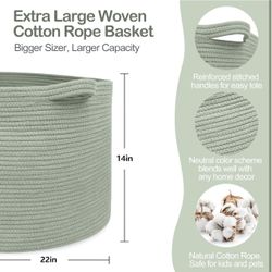 New/sealed green extra large woven rope storage basket/bin 22”x22”14”