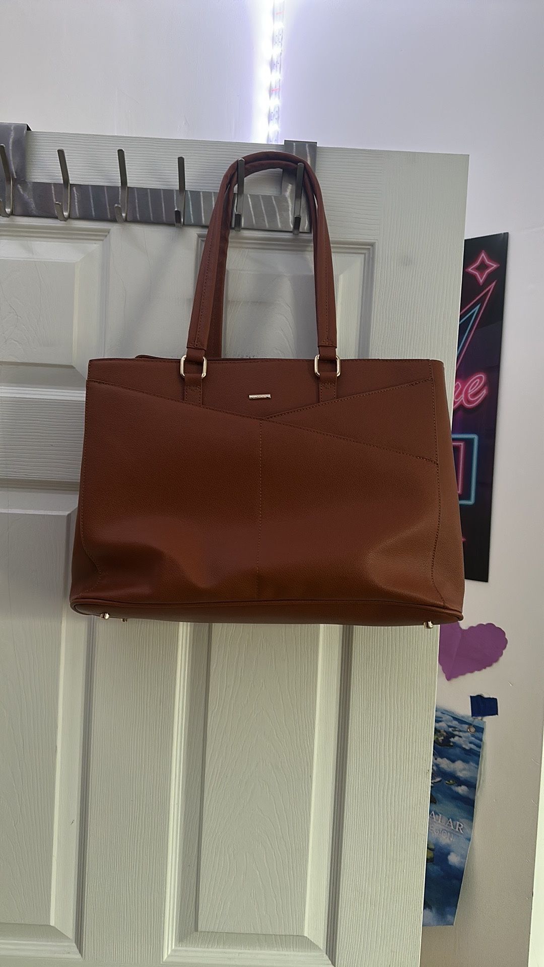 Structured Cognac Faux Leather Work Tote – Multi-Compartment Organizer Bag