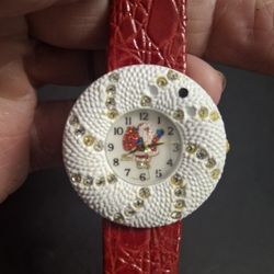 Vintage Santa Claus Watch W/Santa On Dial & White Rhinestone Wreath Case, Red Leather Strap New Battery Works Great AS-IS Missing Couple Of Rhinestone