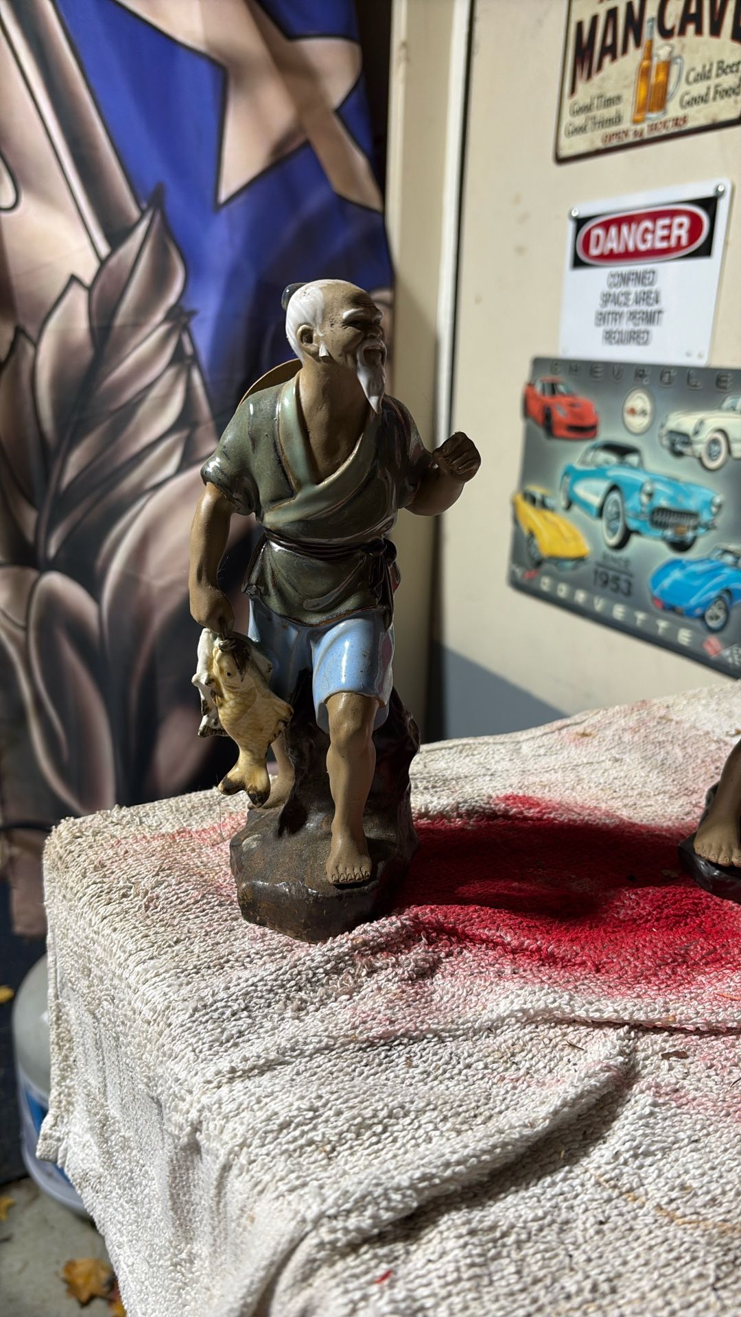 Vintage Antique Ceramic Chinese Man with Fish Statue 8.5 Inches Tall