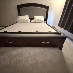 Elevations Queen Espresso & Gray Upholstered Storage Platform Bed