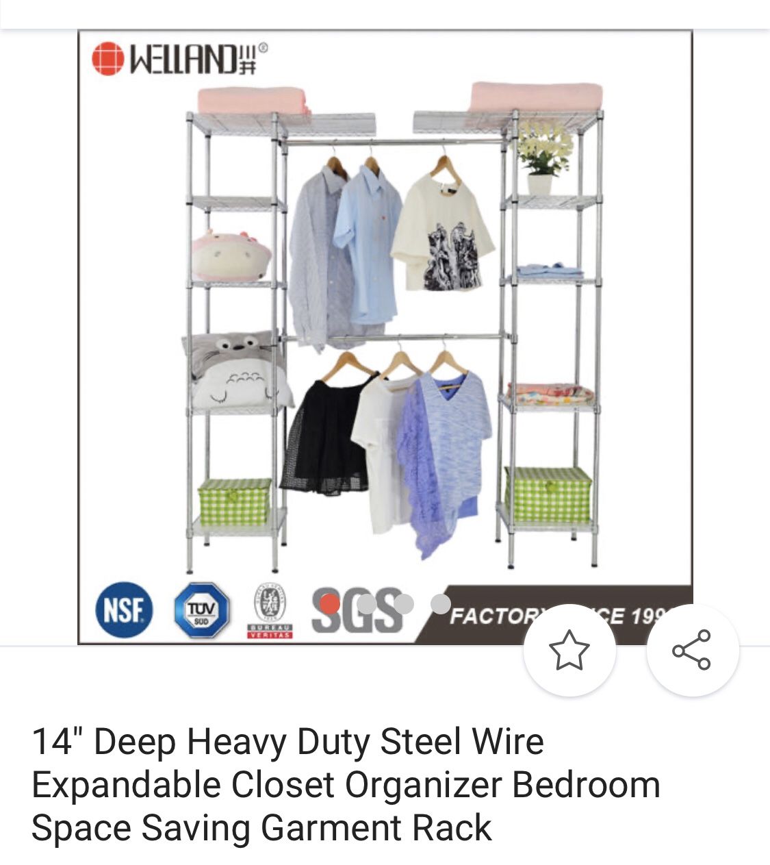 14” Deep heavy duty steel wire expandable closet organizer bedroom space saving garment rack - new in the box