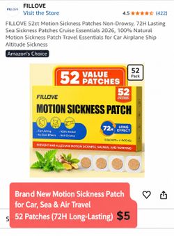Brand New Motion Sickness Patch – 52 Patches (72-Hour Long-Lasting) – $5