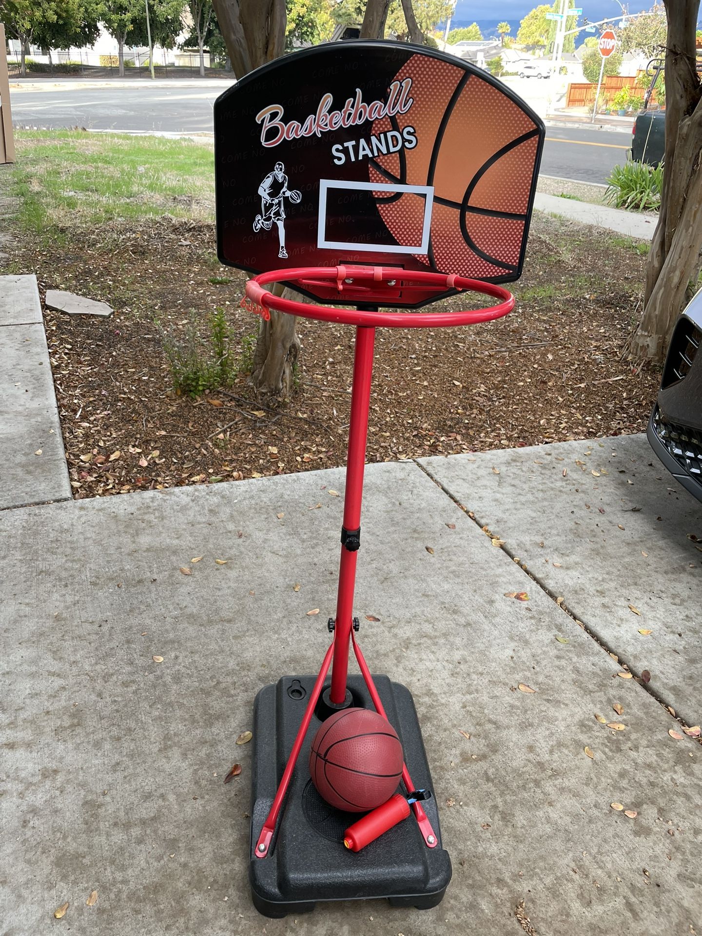 Height-adjustable stand-alone basketball hoop (no net) and magnetic dartboard combo