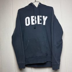 Obey Worldwide Hoodie Mens Medium Blue Pullover Graphic Logo Sweatshirt Skate