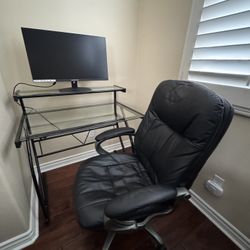 Glass 2-tier Desk And Leather Office Chair