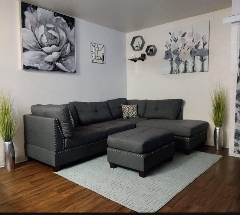 Grey Linen Sectional Sofa With Ottoman NEW