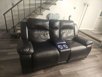 Black Faux Leather Reclining Loveseat with Console
