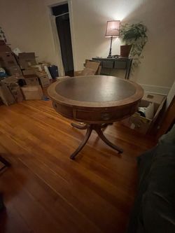 Antique card table, hard wood, leather top