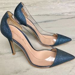 Gianvito Rossi Milano Plexi Pumps Blue Glitter Clear PVC Panels Sz 37 (US 6.5)