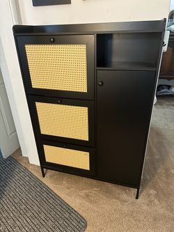 Black & Rattan Shoe Cabinette