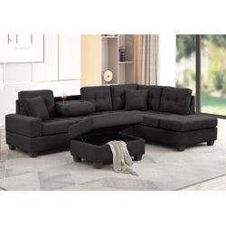 Black Reversible Sectional With Cup Holder And Storage Ottoman And Pillows Brand New In Box Firm Price $560