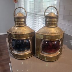 Brass Starboard And Port Signal Lanterns Original Set Red Blue Glass