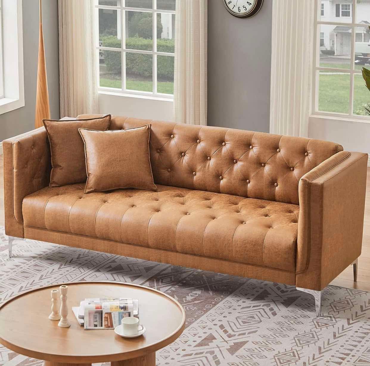 79'' Modern Sofa Couches, 3 Seater Sofa with Deep Seats and 2 Pillows, Handmade Button Tufted Leather Couch, 79''W x 30''D x 30''H, Brown