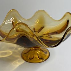 Vintage Viking Glass Pedestal Bowl Compote Candy Dish Amber 6 Petal Mid Century