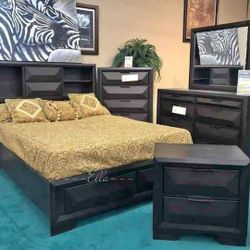 🍓Chesky Warm Espresso Platform Storage Bedroom Set 4 Piece $10 Down Payment Financing and Delivery available