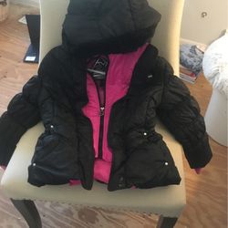 Girl’s Pink And Black Coat With Fur Hood- Barely Used 
