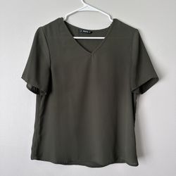 SHEIN Dark Olive Short‑Sleeve V‑Neck Blouse – Size S