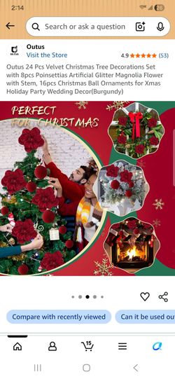 Outus 24 Pcs Velvet Christmas Tree Decorations Set  Poinsettias Artificial Glitter Magnolia Flower with Stem for Xmas Holiday Party Wedding Decor