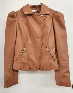 EMMA Tan Faux Leather Moto Jacket Puffed Sleeves Size S