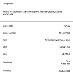 Air Jordan 1 Mid 'Racer Blue' S8.5