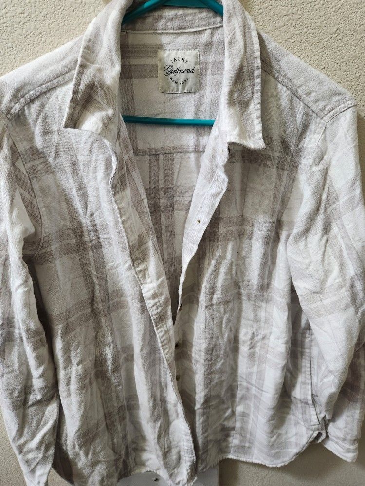 Womens Gray And White Plaid Long Sleeve Shirt 