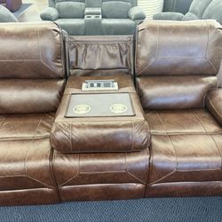 Dual Reclining Sofa With Drop Down Cup Holders And Power Outlet And Charging Station