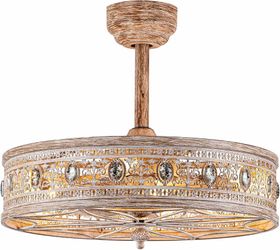 21” Rustic Chandelier Ceiling Fan with Light,Farmhouse Distressed Wood-Look Caged Bladeless Fandelier,Enclosed Cozy Cottage Crystal Light Fixture,Hang