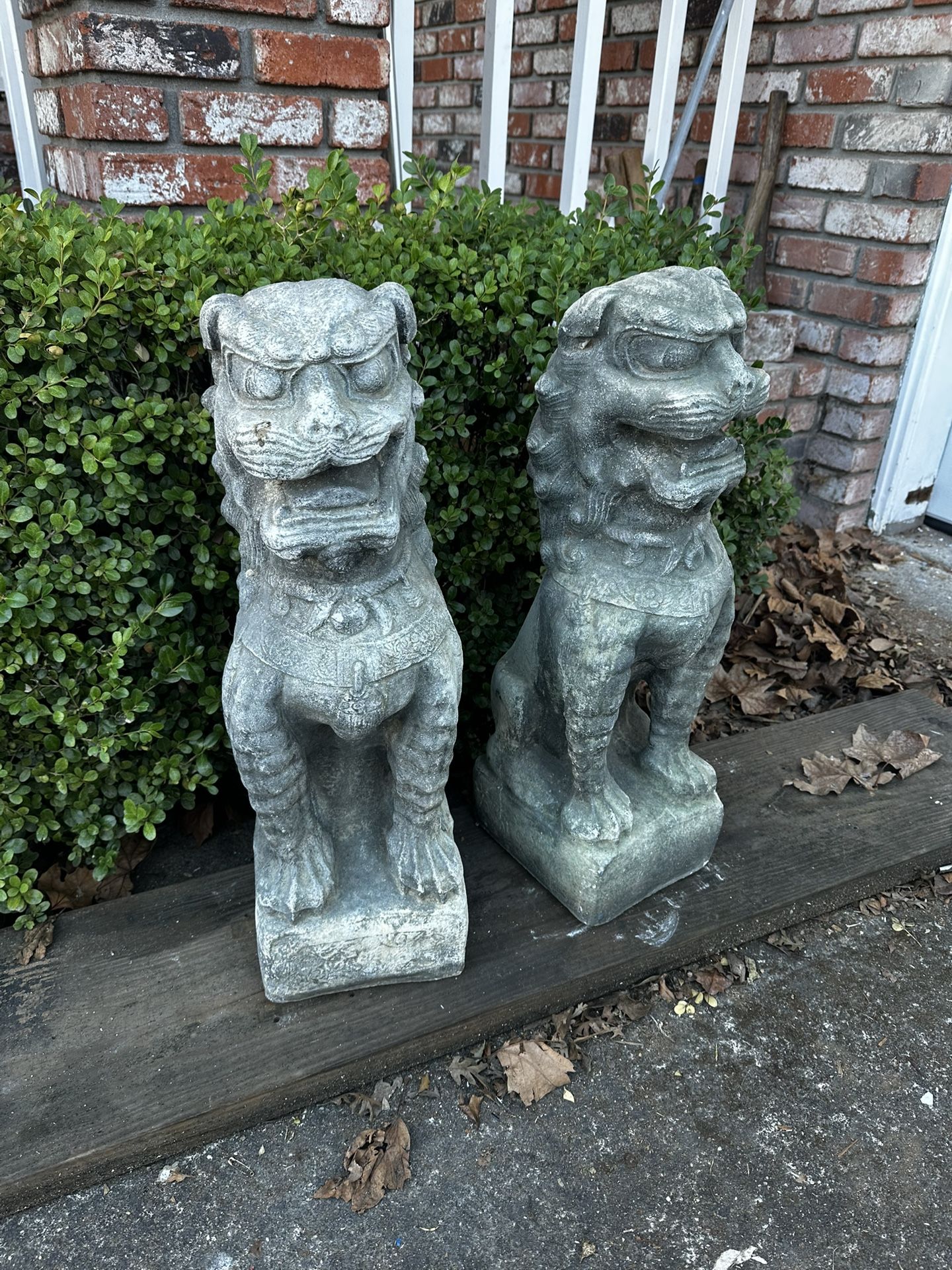 Pair Antique Huge 26” Concrete Chinese Gaurdian Foo Dogs 100lbs Each