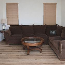 Designer Goose Down Sectional Sofa + Glass Coffee Table