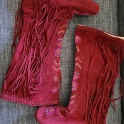 Burgundy Faux Suede Fringe Boots