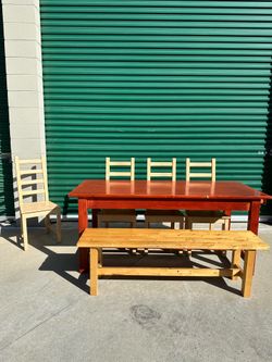 Solid wood dining table set, IKEA circa 1998.  ‘Lantula’ table ‘Kautsby’ chairs (4) ‘Norden’ bench
