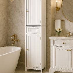 Bathroom Cabinet with 2 Doors & 1 Drawer, Narrow Bathroom Storage Cabinet with Adjustable Shelves, for Living Room, Entryway, Kitchen, White