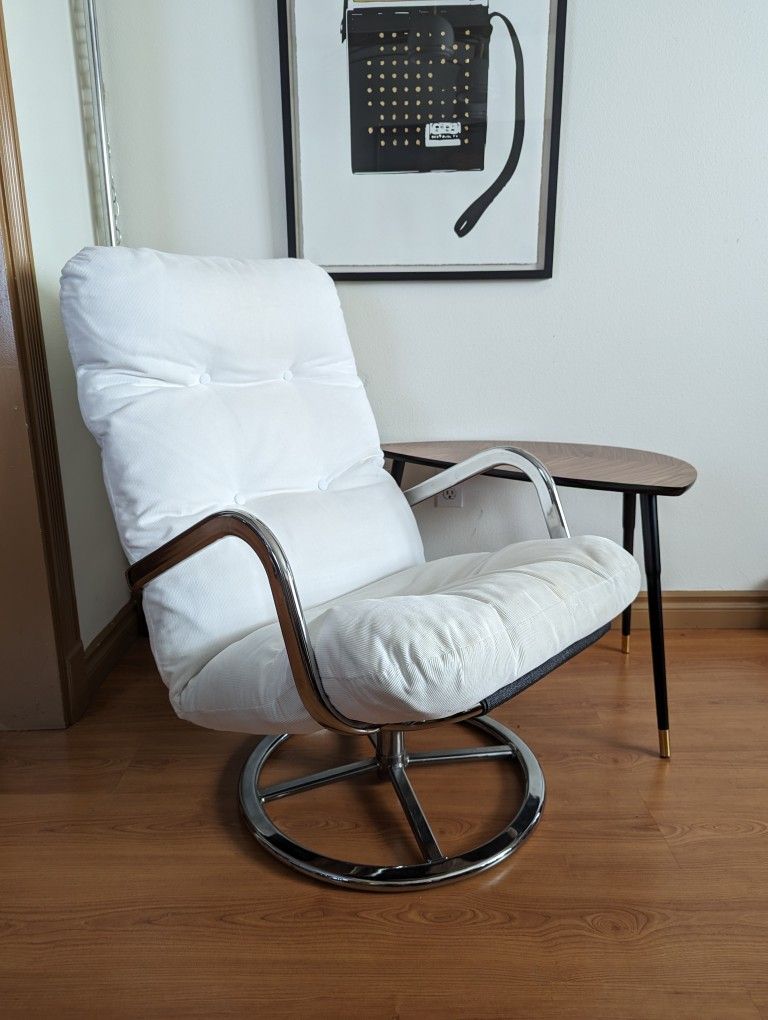 Vintage IKEA Smedsta Tufted White Corduroy & Chrome Swivel Lounge Chair