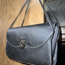Rare Judith Lieber Black Satin Clutch Bag with Frog Emblem