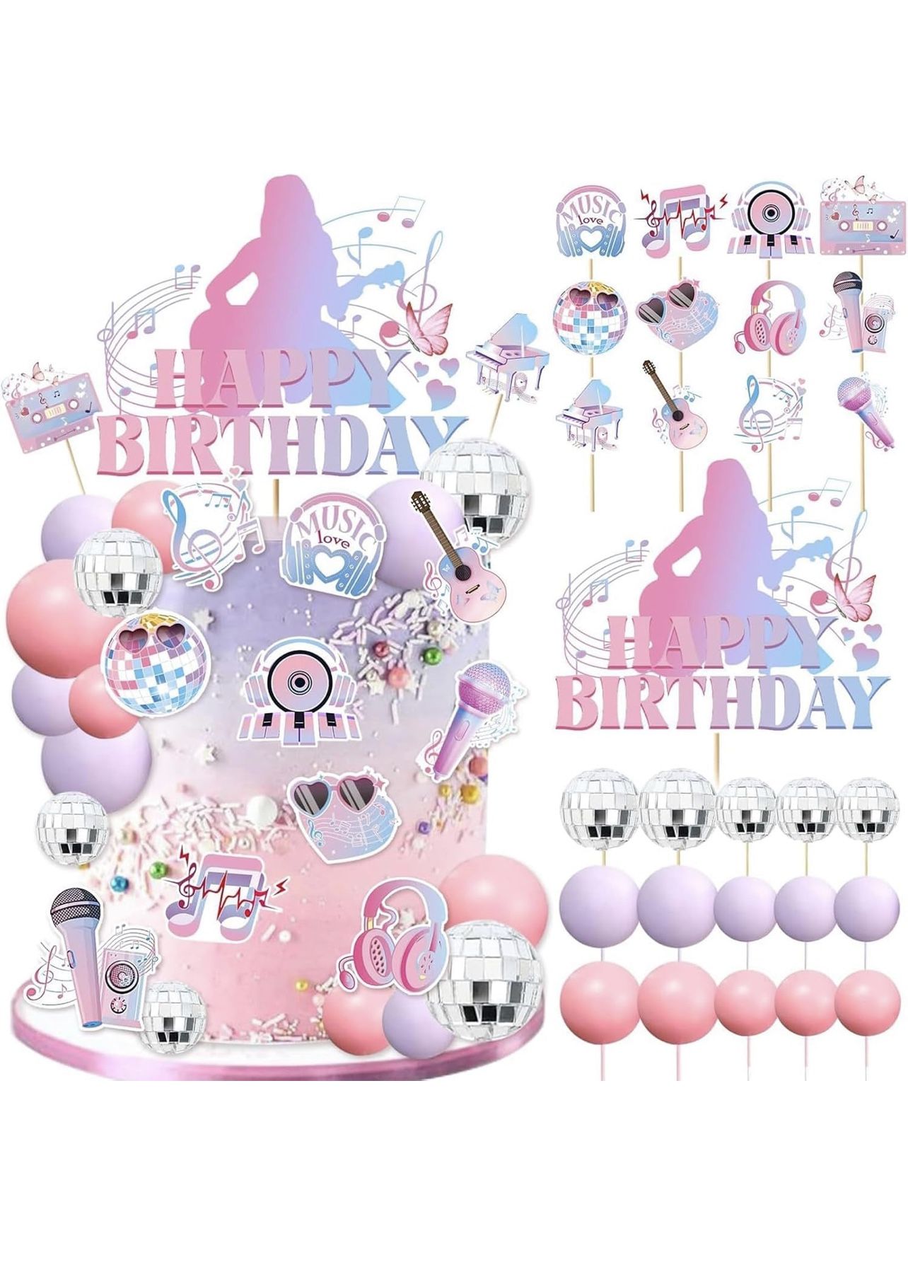 Taylor Swift Disco Ball Cake Toppers, Music Cake Toppers Pink Girl Birthday Cake Topper and Disco cake topper for Music Birthday Party Decorations