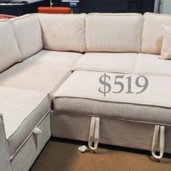 ✅No Tax ✅ Elegant 3-Pc Ivory Convertible Sectional Sofa With Storage, Pullout Bed, And USB Port 