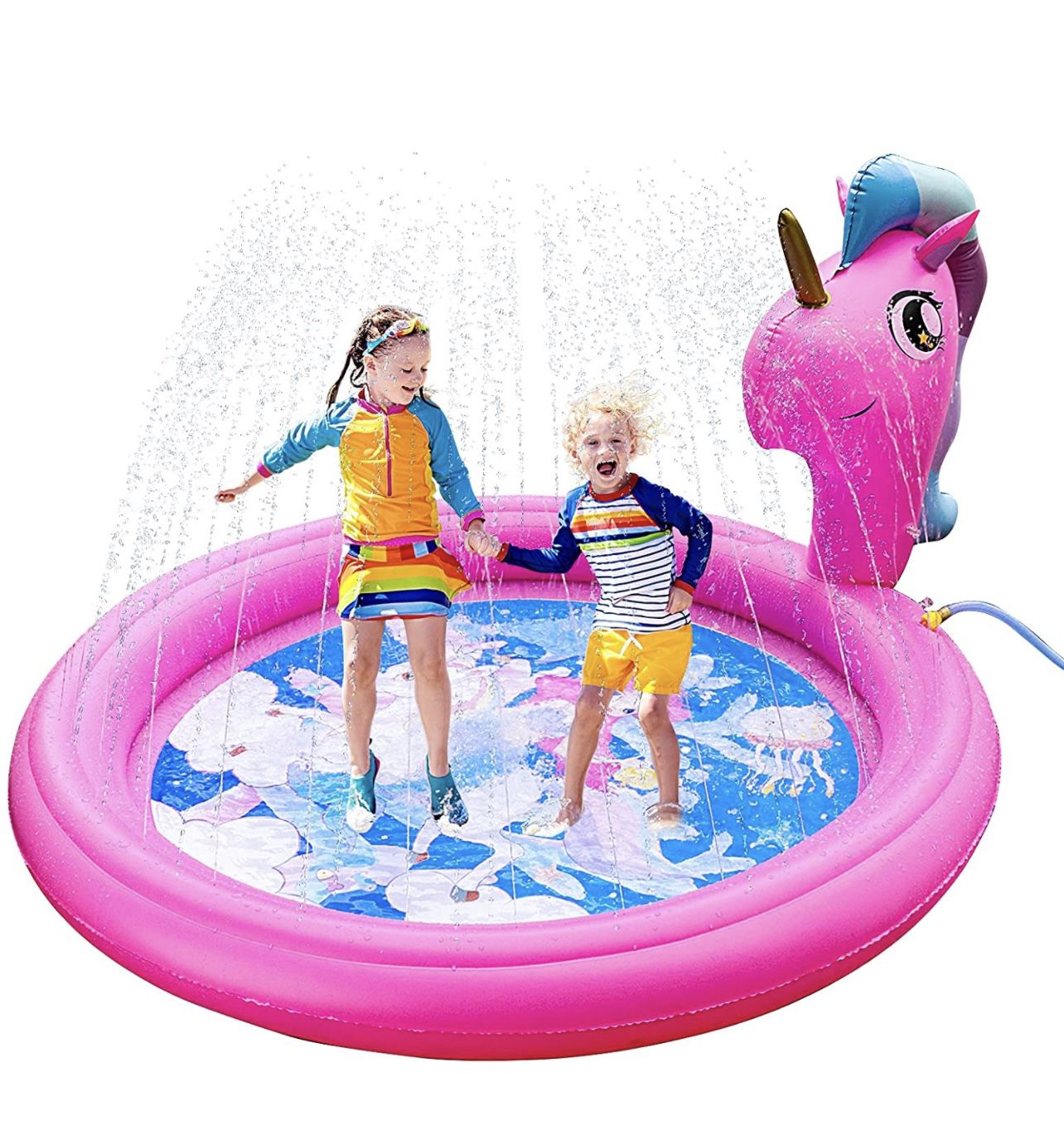 Unicorn Splash Pads Sprinkler for Kids Toddler, Large Size 71" Outdoor Inflatable Wading Pool