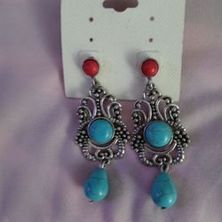 Silver Colored Turquoise Looking Stones Women's Jewelry Earrings