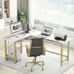 brand new  Roomfitters White Faux Marble Print L-Shaped Writing Desk (Gold)