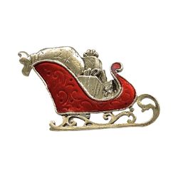 Santa Sleight With Gifts CHRISTMAS Holiday Brooch - Silver Plated Red Enamel 3D Unisex Pin - Vintage Fashion Jewelry 