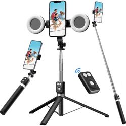 Selfie Stick Tripod with Fill Light, Phone Selfie Stick,Durable Stainless Steel Design,Bluetooth Remote Control,and Stable Three-Legged Support for Li