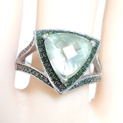 Vintage Sterling Silver Rhodium Plated Prasiolite (Soft Green) Gemstone and Green Diamond Trilliant Shape Ring Made In India, Size 7
