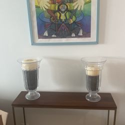 Two Jumbo glass Candle Holder And Vase With Decorative Candle 