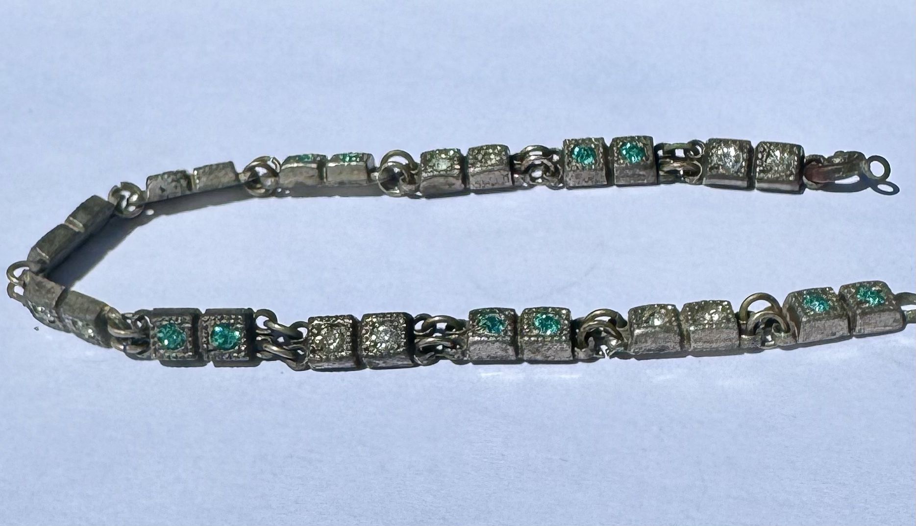 Antique 7” Bracelet Platnide Silver Green & Clear Rhinestones Crystals Flexible