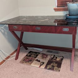 Red Wood Desk With Tempered Glass Top