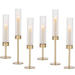 Hewory Gold Hurricane Candle Holders: Brass Candlestick Holders Set of 6