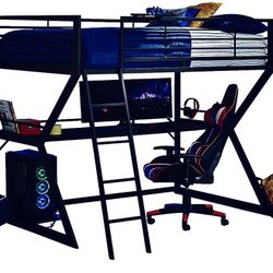 Kids Carbon Optix Black Full Gaming Loft Bed with LED Lights