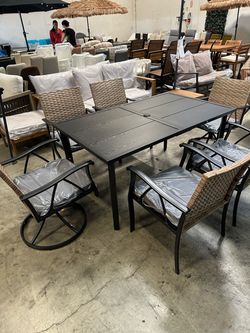 New Set of 7 Outdoor Patio Dining Table Set with 2 Swivel Chair and 4 Armchair