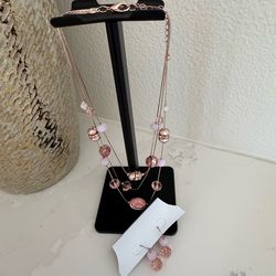 Women’s Necklace and Earrings. NYC Pink and Gold 3 Strand set